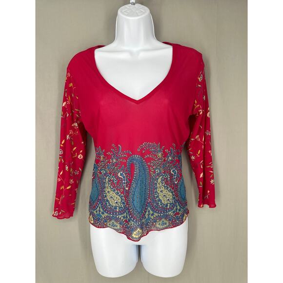 90s Vintage Top Womens Large Red Paisley Sheer Mesh Y2K Fairy Boho Stretch - Picture 1 of 8